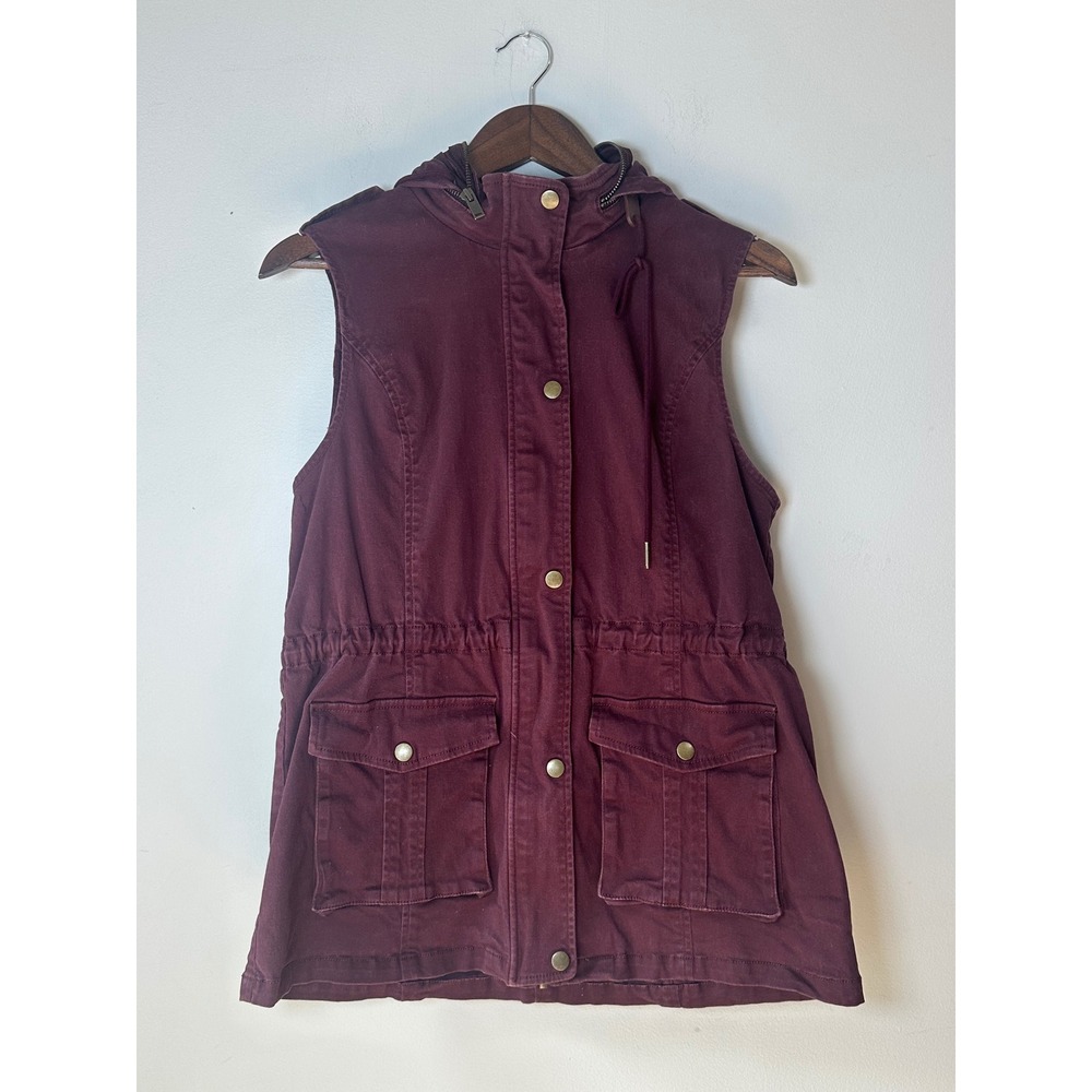 Market & Spruce Burgundy Hooded Utility Vest Size L Cotton Blend Maroon